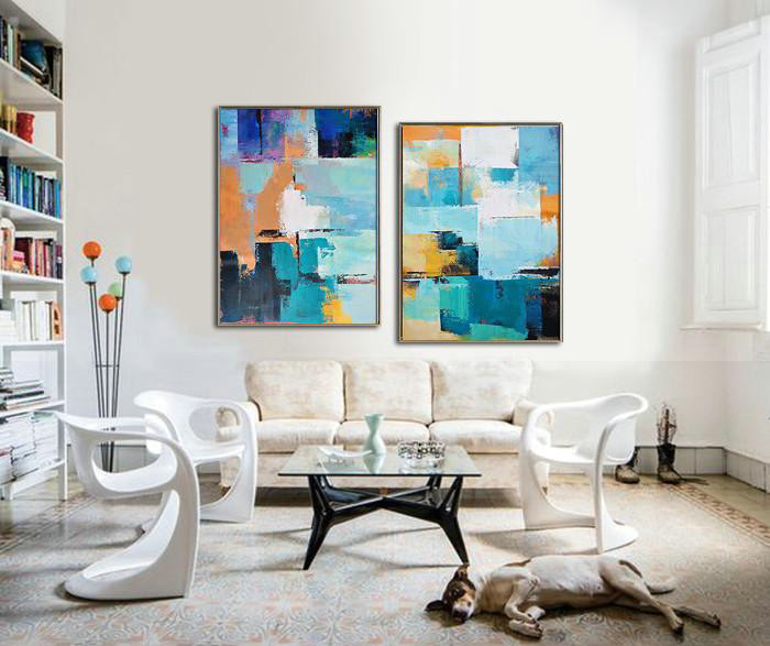 Extra Large Acrylic Painting On Canvas,Set Of 2 Contemporary Art On Canvas,Modern Art,Blue,Yellow,Sky Blue,White,Beige.etc